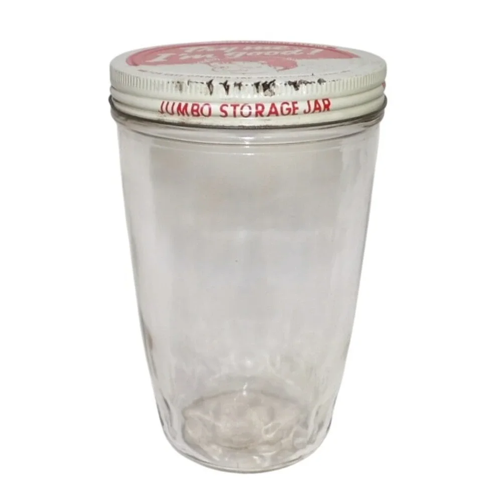 Vintage Jumbo Storage Jar Try Me I'm Good Winking Boy Glass Litho Lid Container